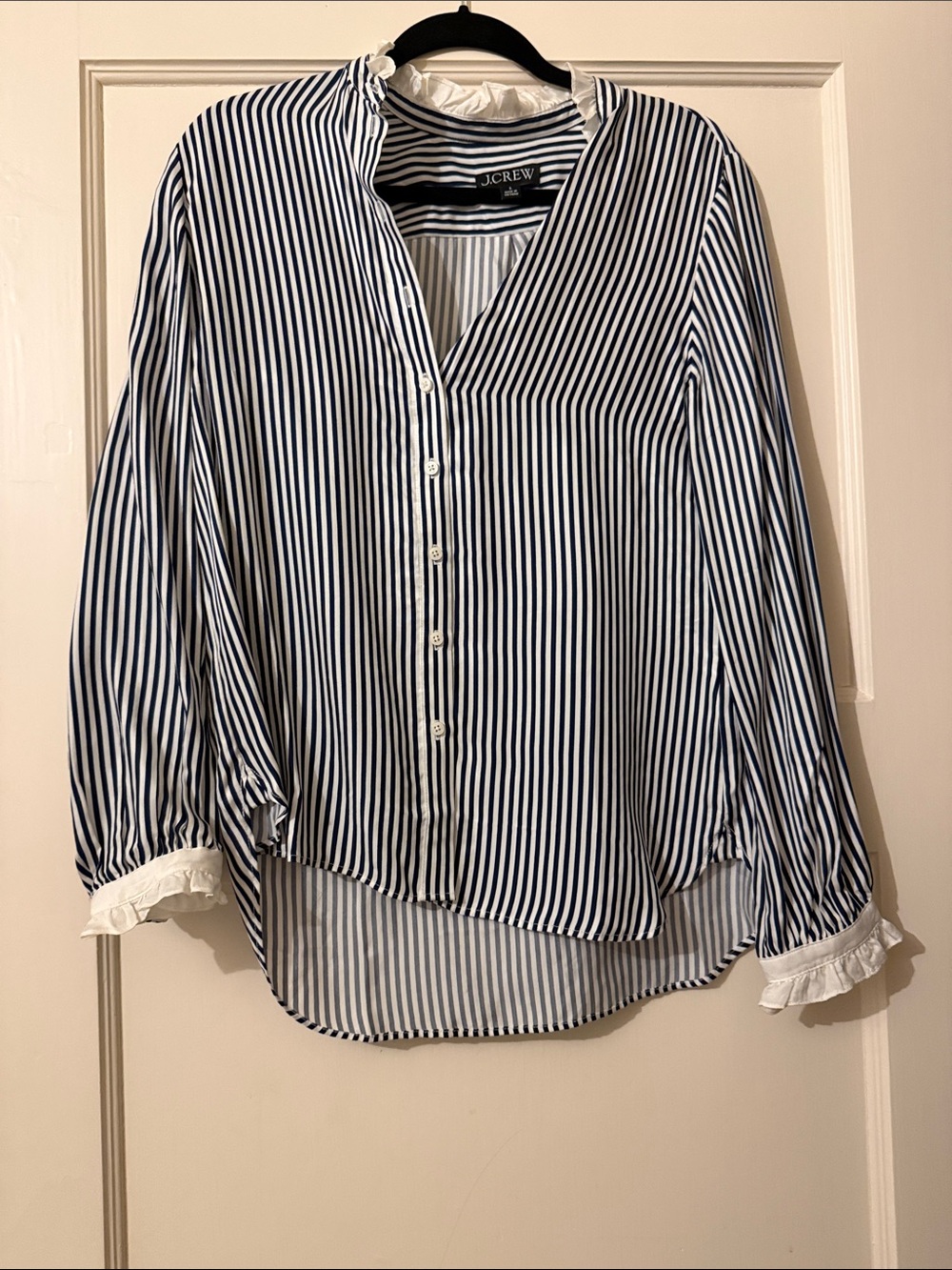 J. Crew Navy and White Vertical Stripe Button-Down Blouse